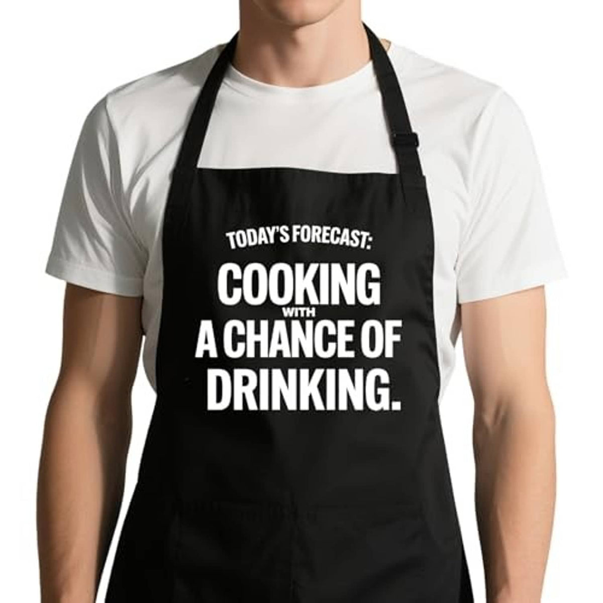 Men's black grill apron with large “Cooking with a chance of drinking” text front