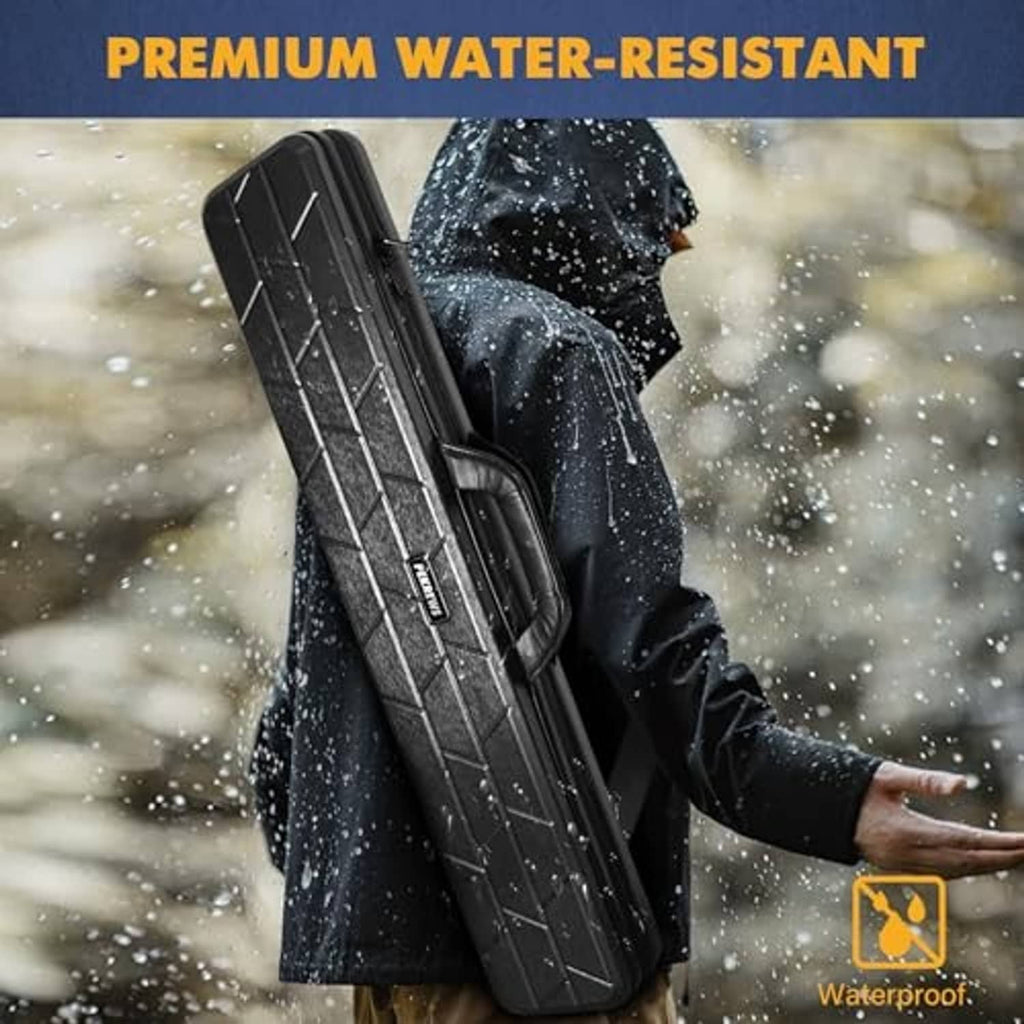 Black hard shell pool cue case with water-shedding finish, held outdoors