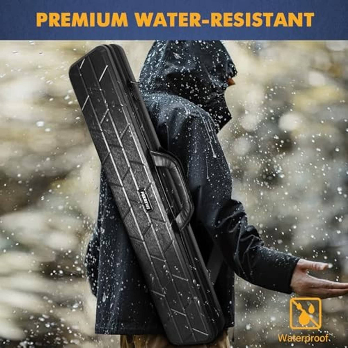 Black hard shell pool cue case with water-shedding finish, held outdoors