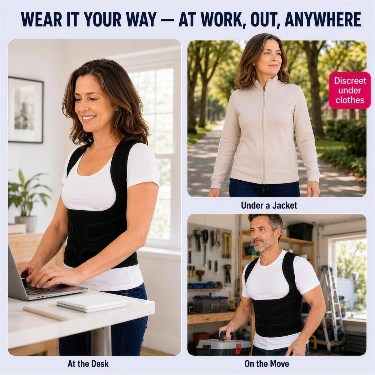 Black posture corrector back brace worn under a white shirt at desk and outdoors