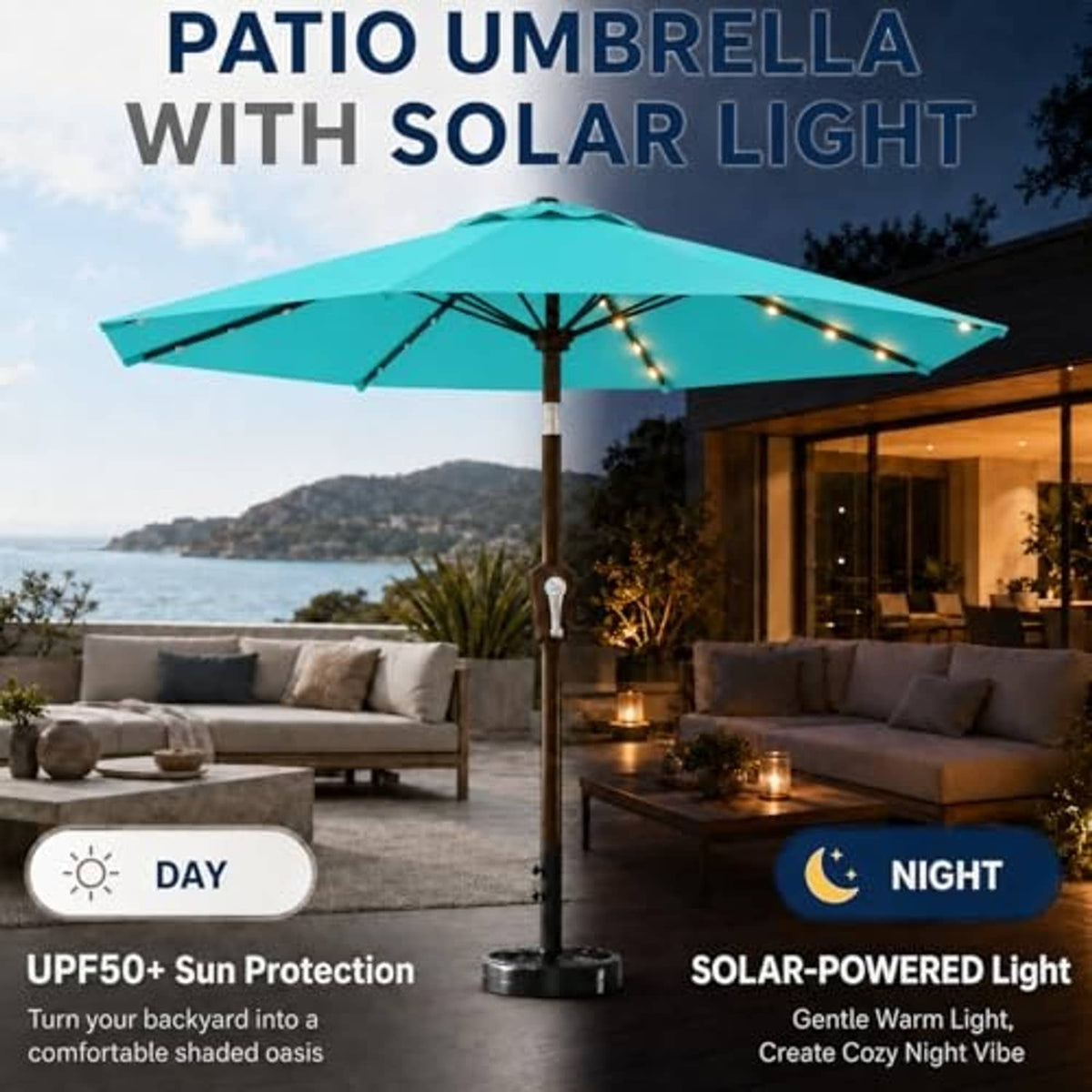 Solar patio umbrella with teal canopy and warm LED lights for outdoor seating