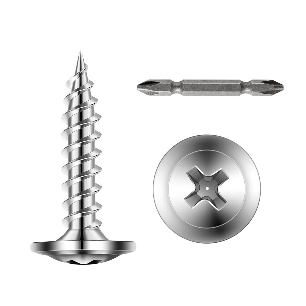 Stainless steel self-drilling screw with round head and Phillips drive, plus bit