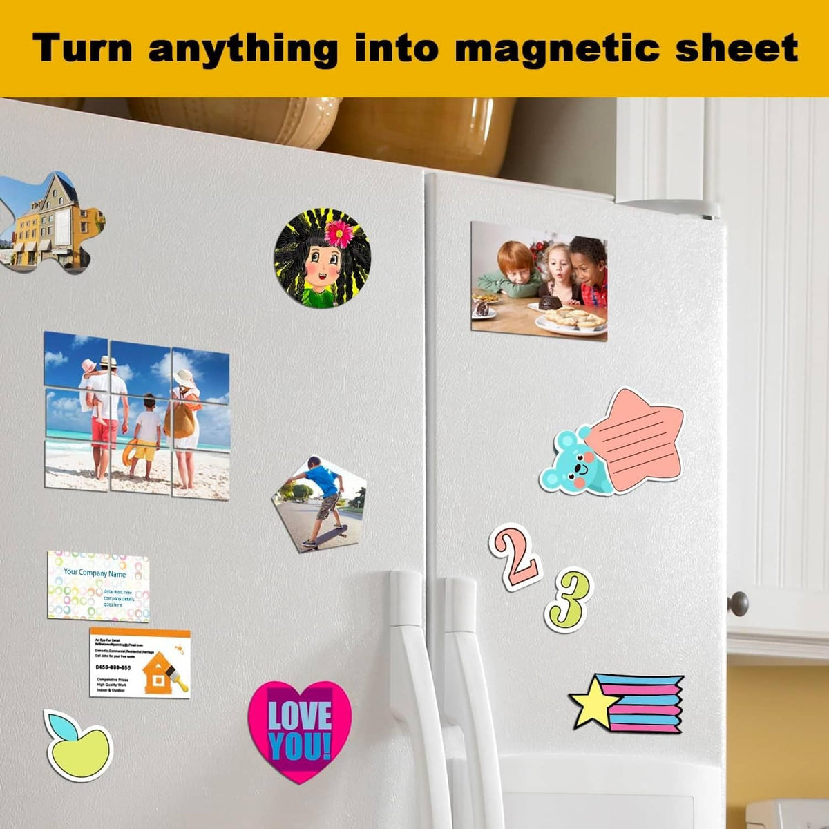 Magnetic sheet set with peel-and-stick backing, holds cut photos and notes on metal