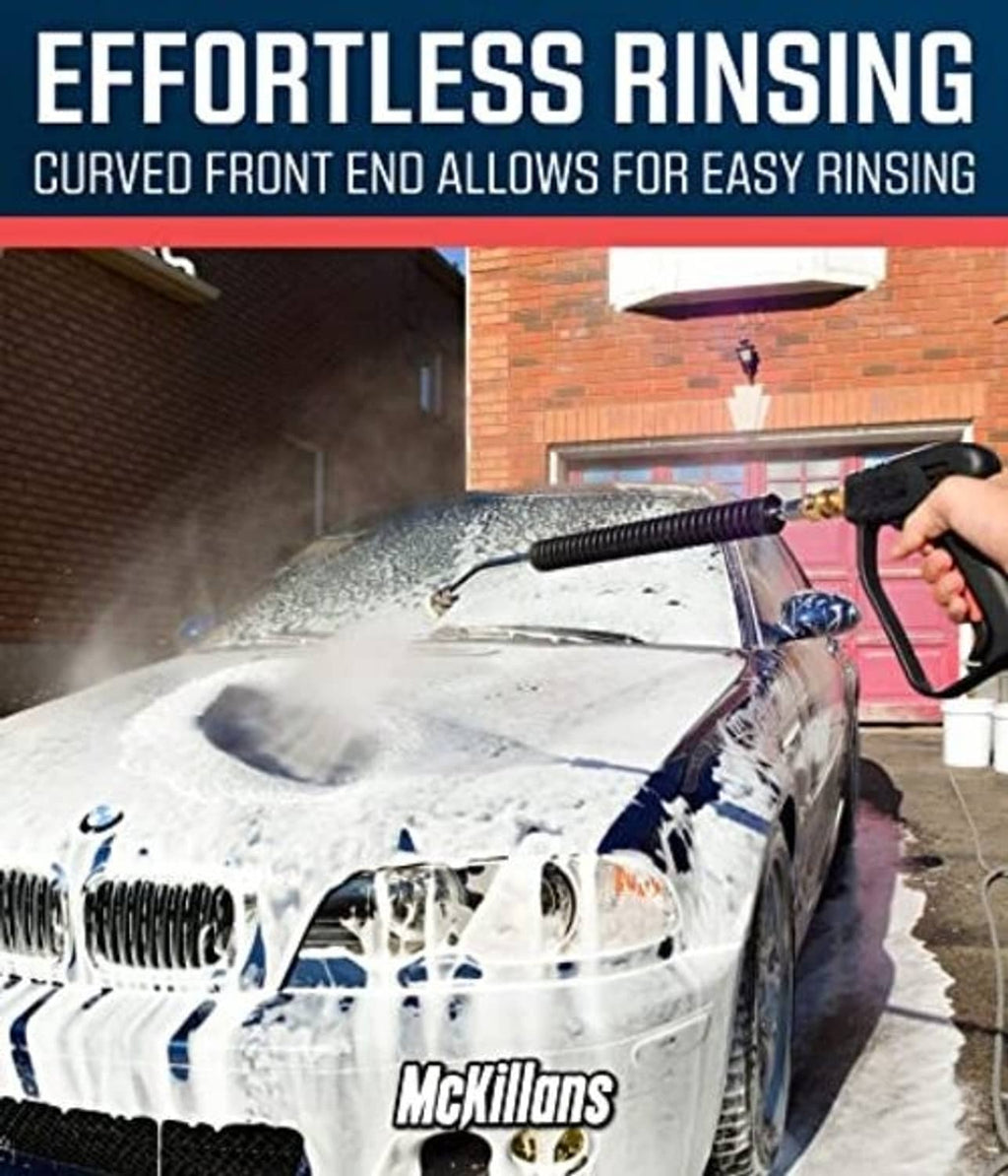 Curved pressure washer extension wand spraying water across a car hood