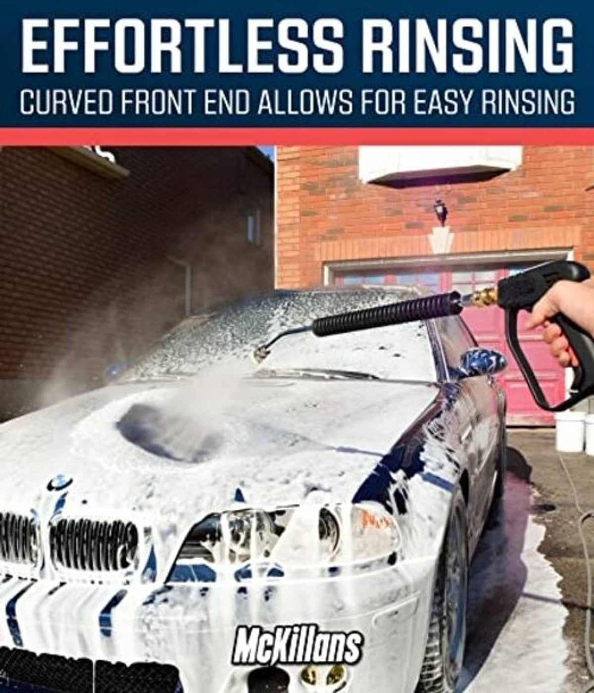 Curved pressure washer extension wand spraying water across a car hood