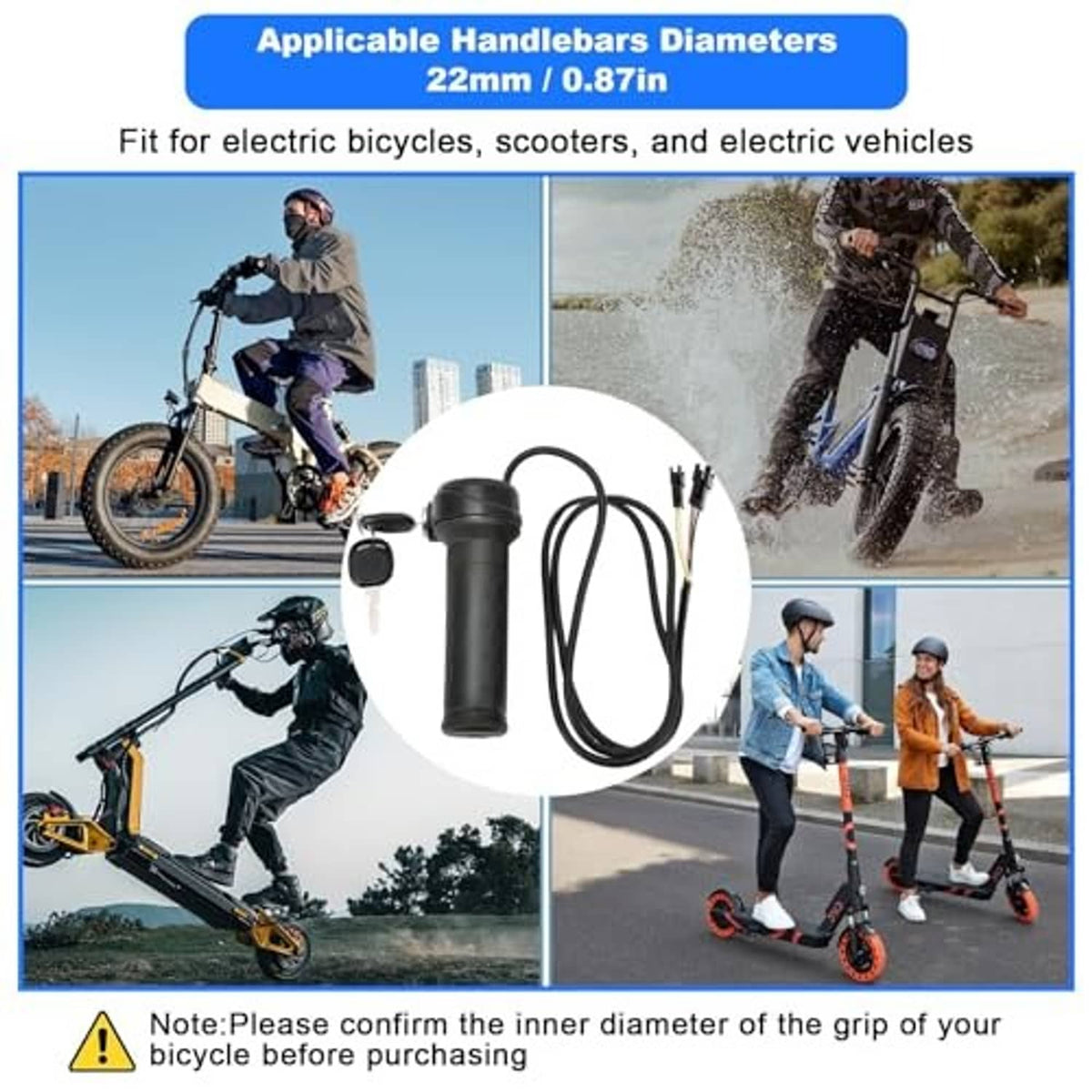 Twist throttle grip kit with cable harness and key for 22–22.5mm handlebars