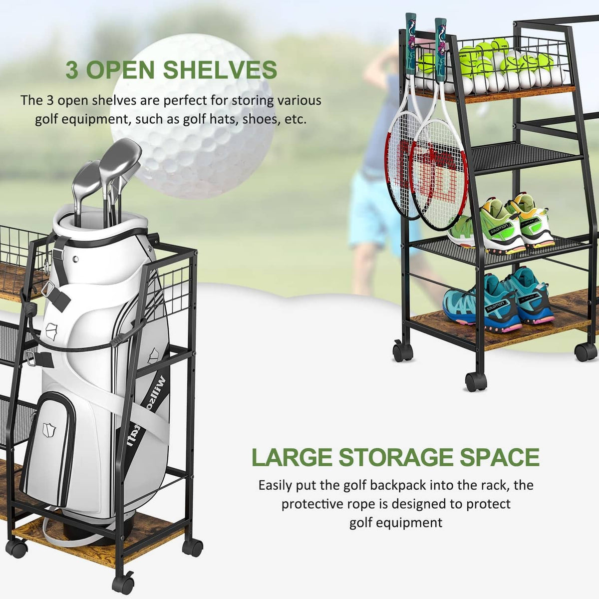 Golf bag garage storage rack with open shelves, holding golf clubs, balls, and shoes