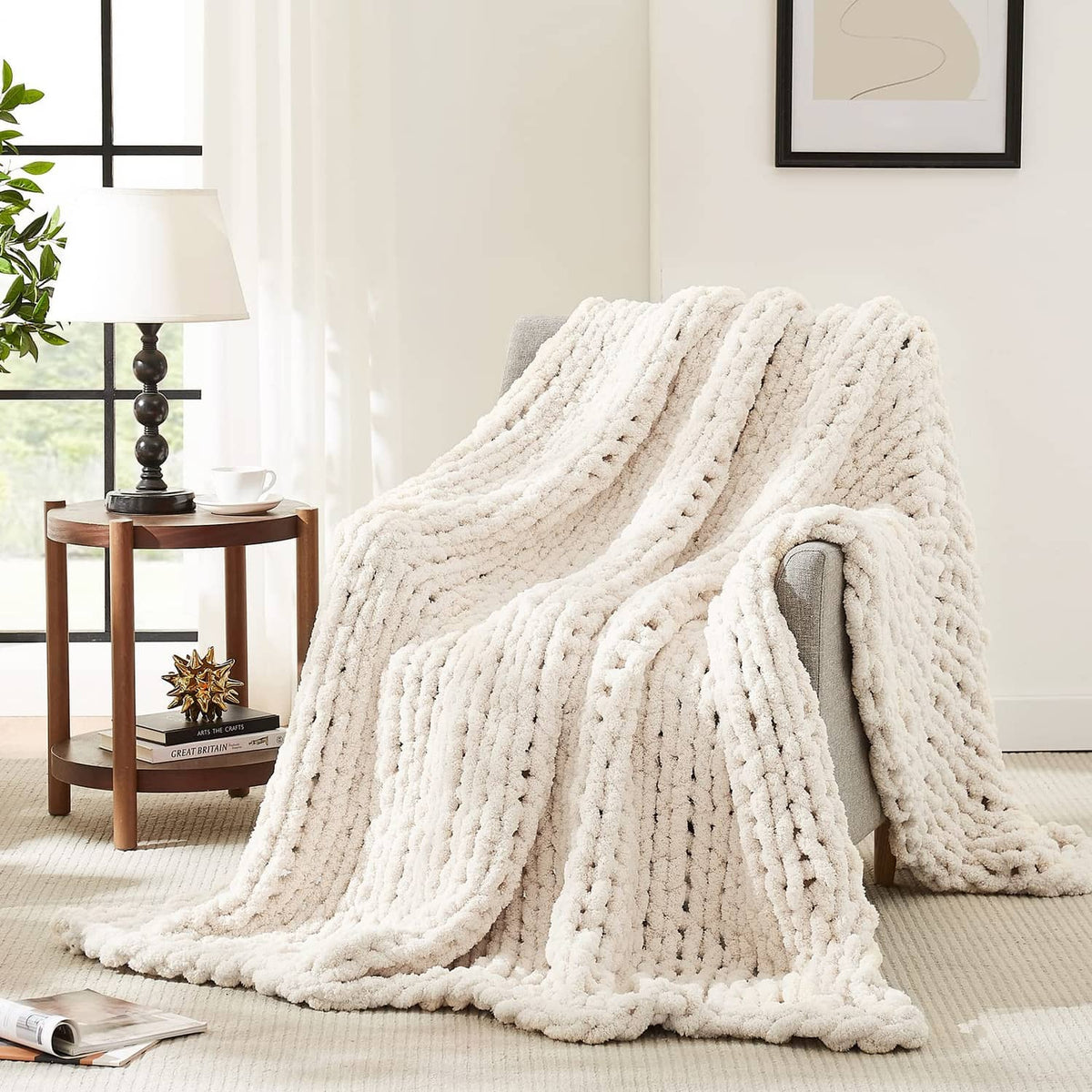 Ivory chunky knit chenille throw blanket with thick ribbed texture