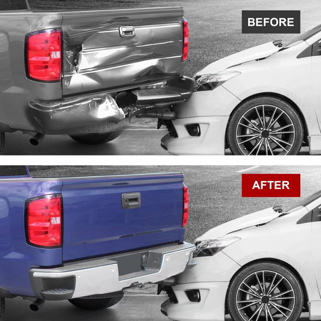 Pickup rear with installed rear step bumper and black trim replacing the before bumper