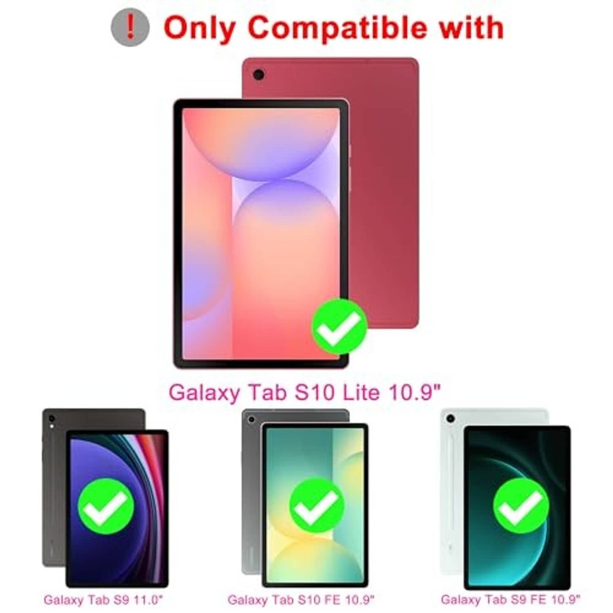 Keyboard case compatibility graphic with tablet thumbnails and green checkmarks.