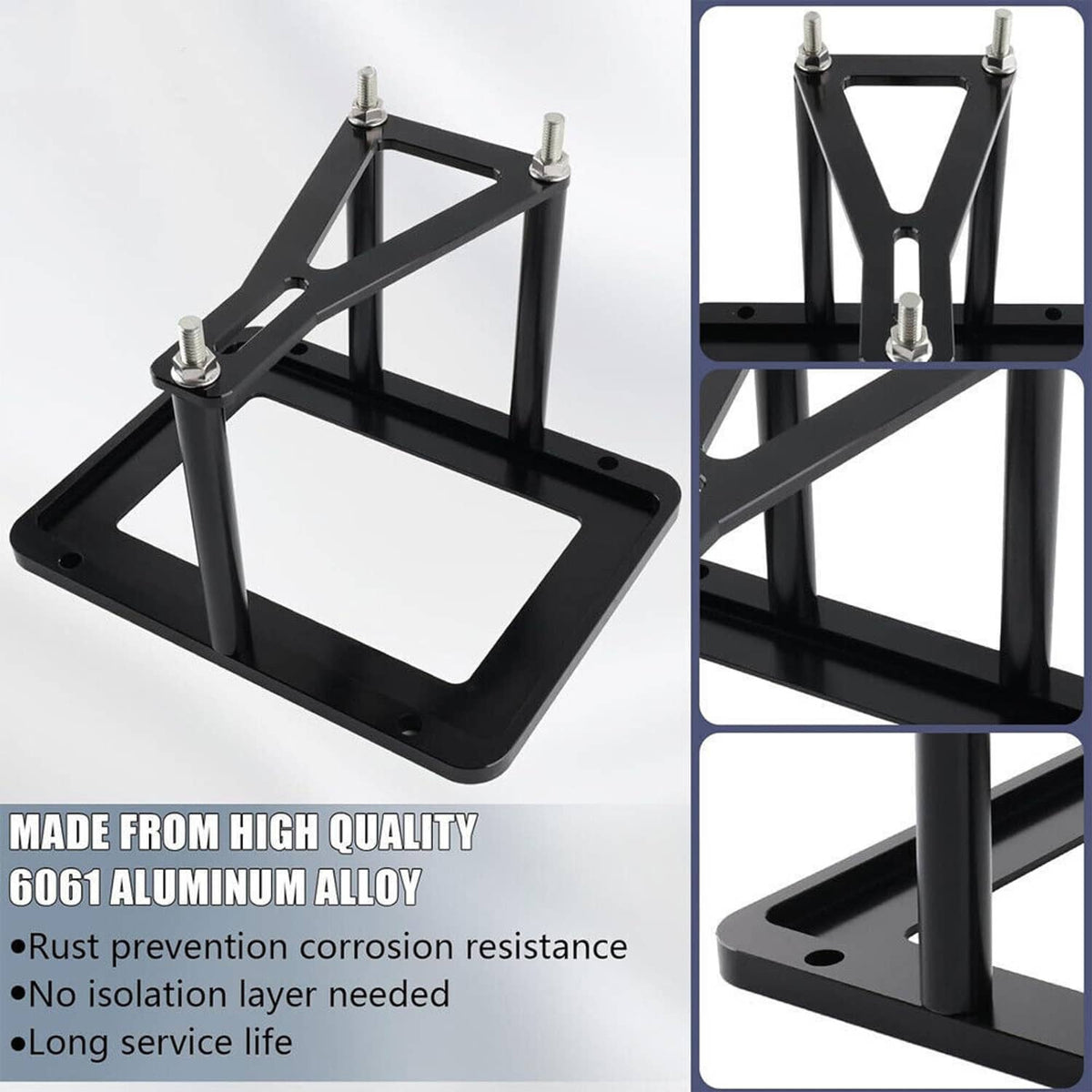 Black battery tray mounting frame with four posts and base plate