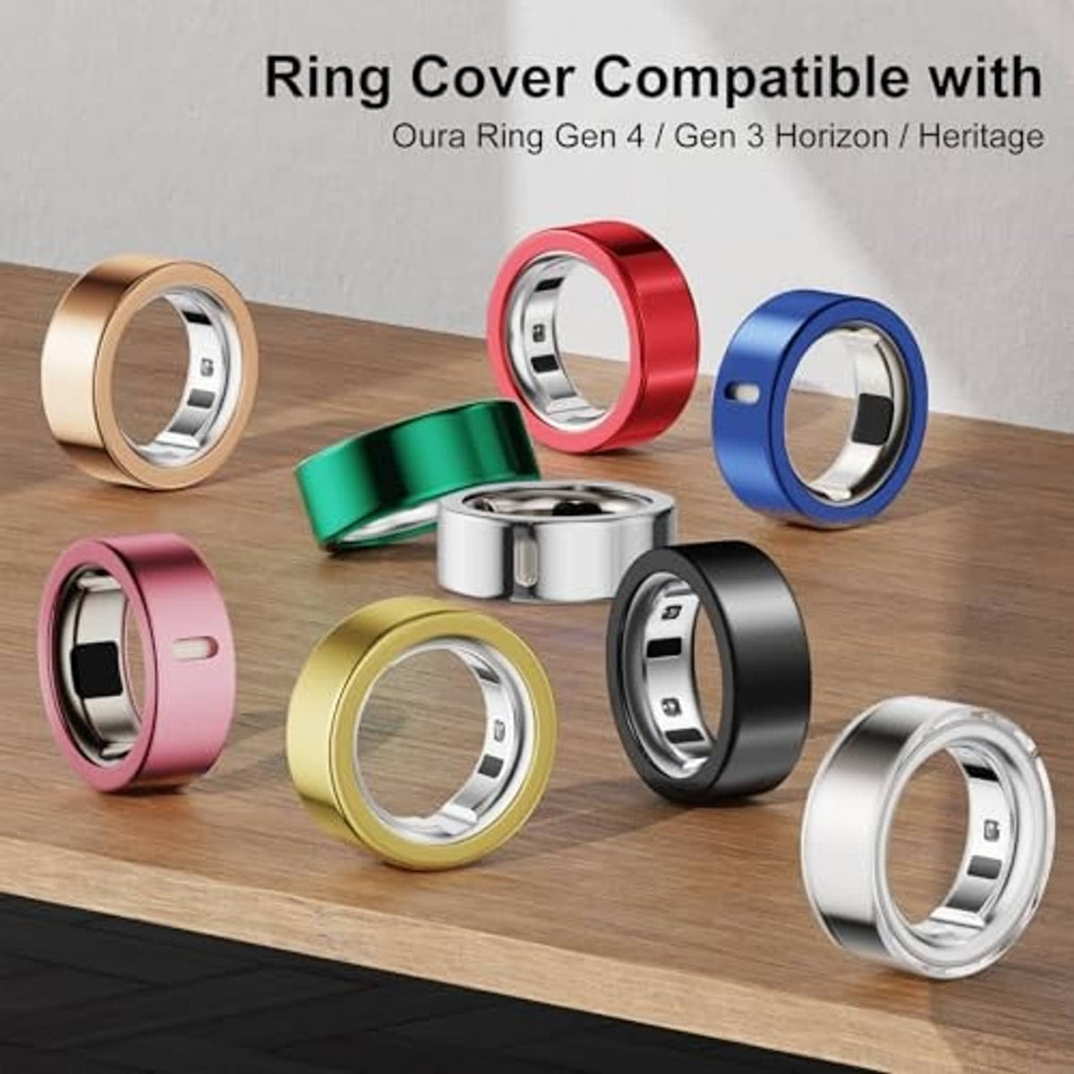 Multi-color ring covers set: red, blue, black, gold, green, pink, and silver tones
