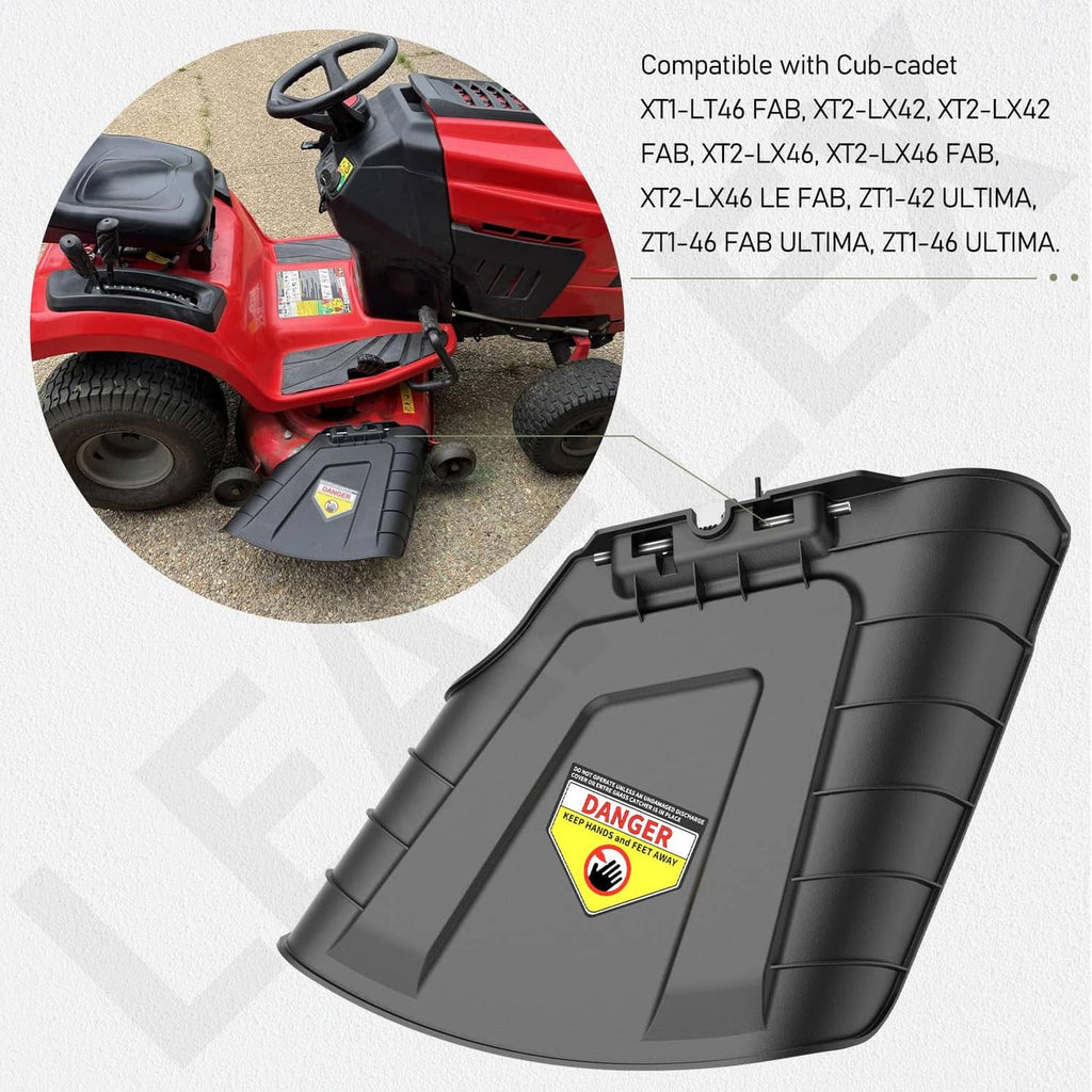 Black chute assembly with warning label, angled side view