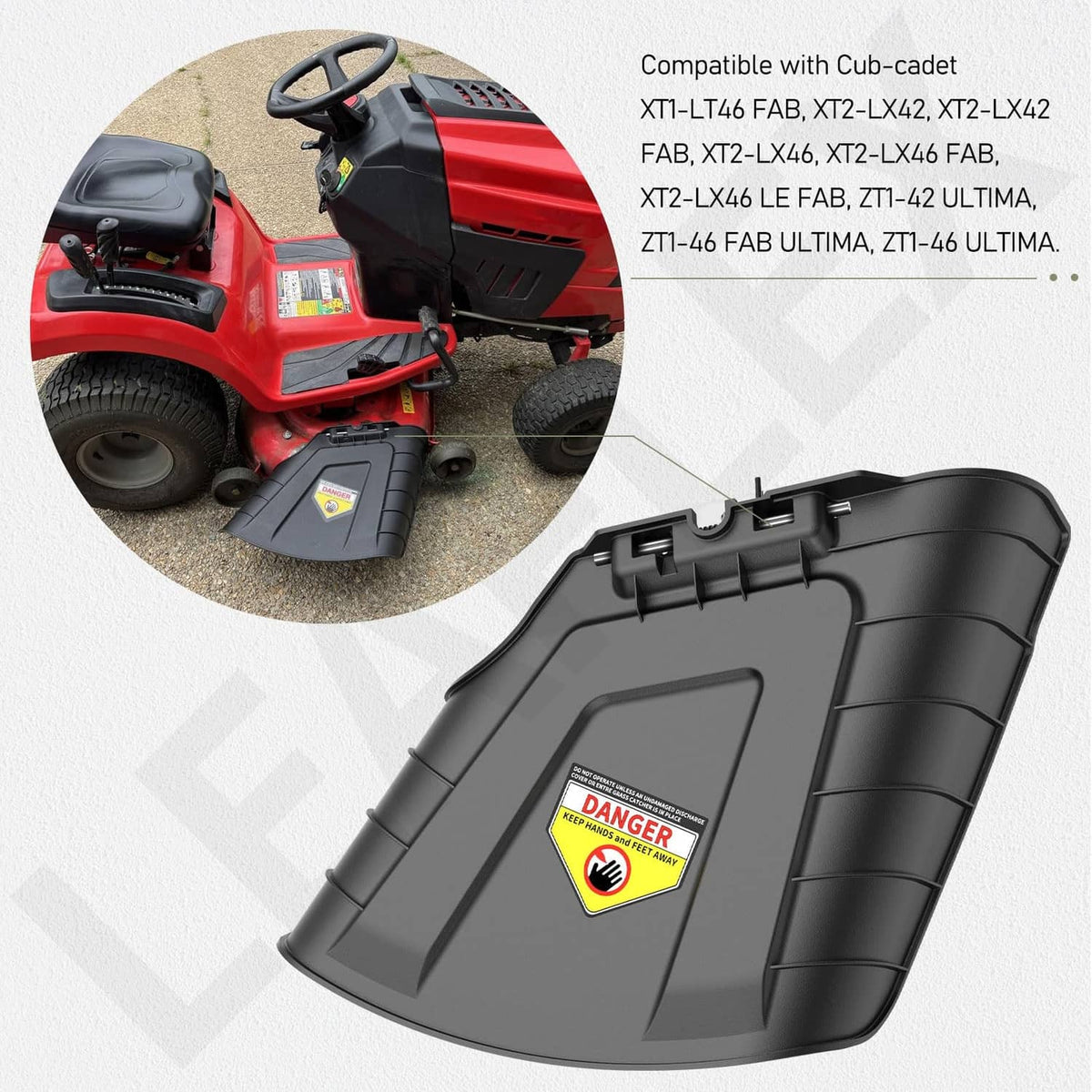 Black chute assembly with warning label, angled side view