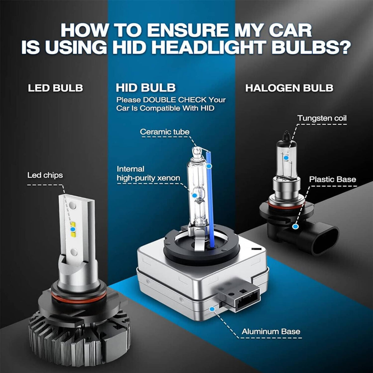 HID xenon headlight bulbs with base and connector, comparison infographic