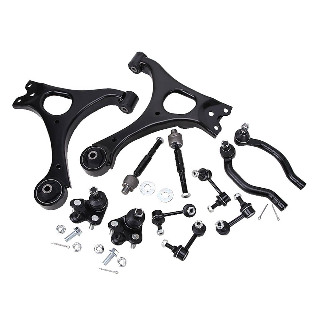 Front suspension kit featuring black control arms, ball joints, and tie rods