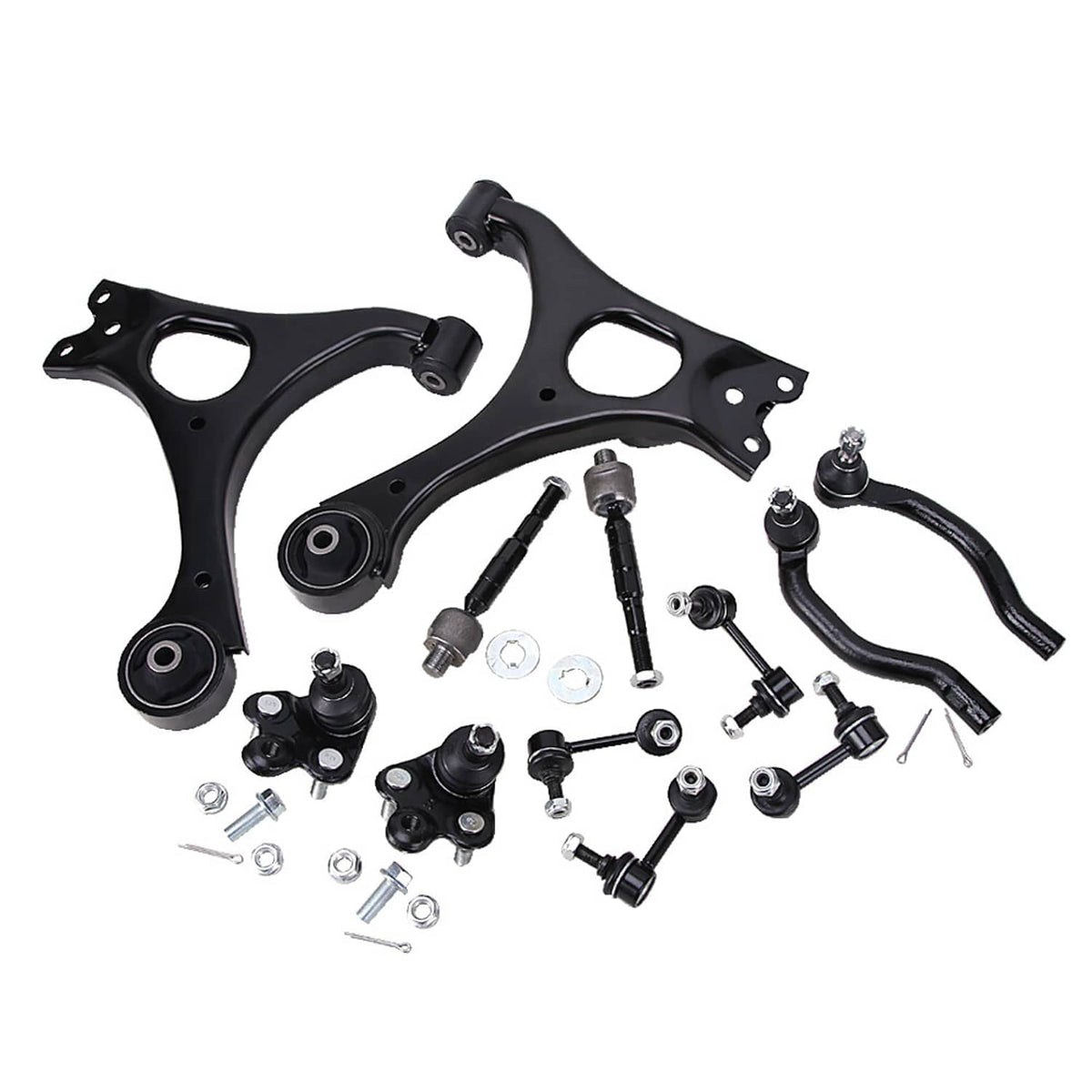 Front suspension kit featuring black control arms, ball joints, and tie rods