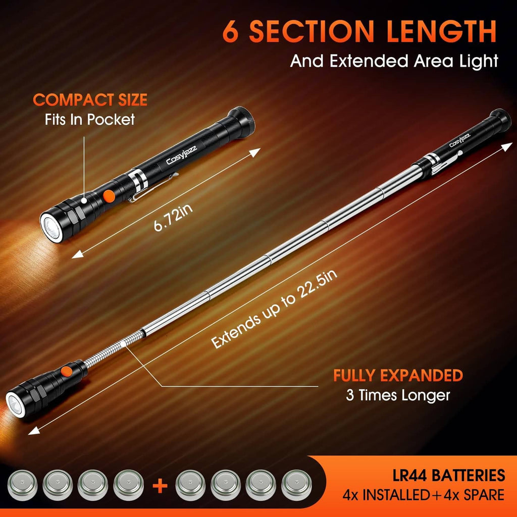 Telescoping LED magnetic pickup tool illustration showing 6 sections and extended reach
