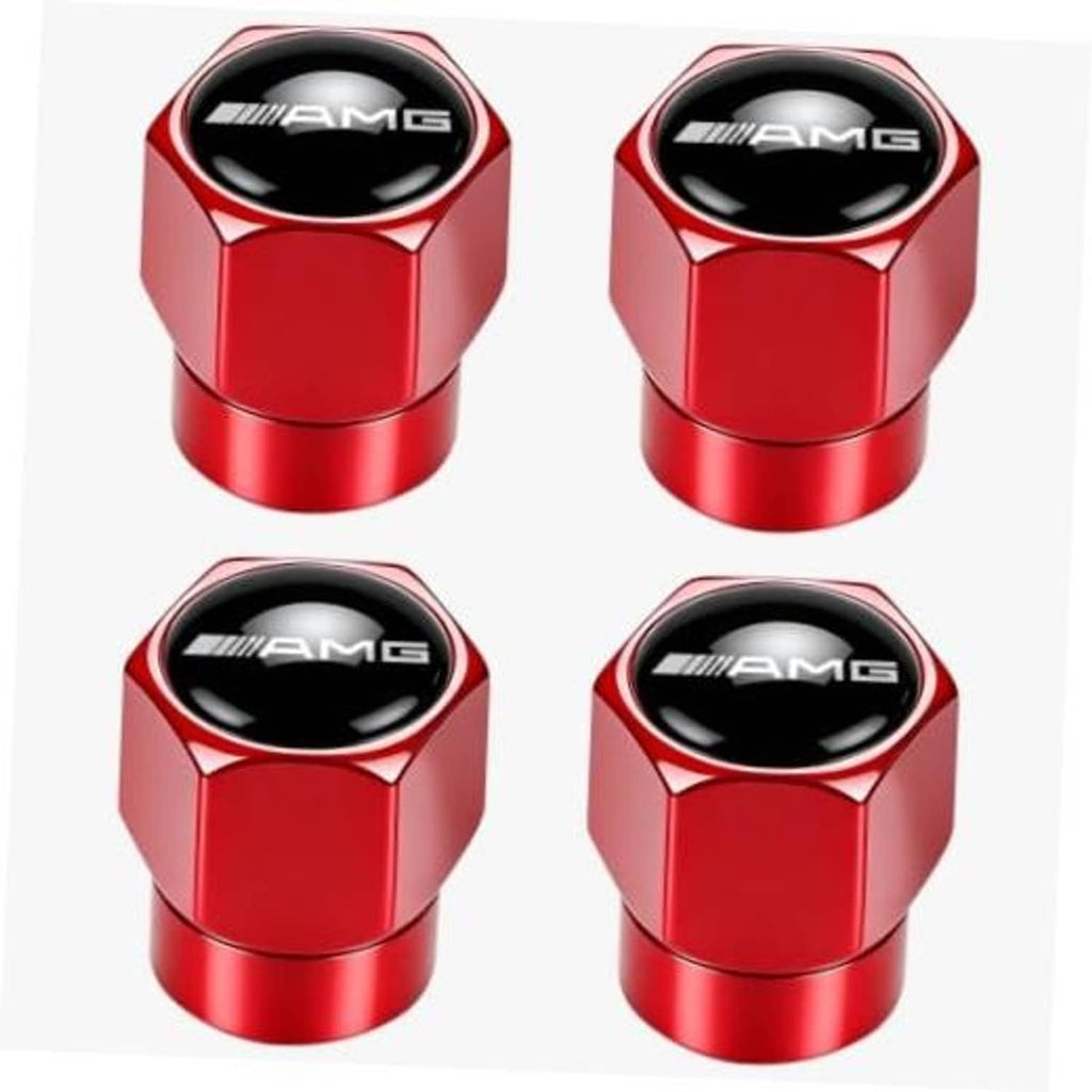 Red metal tire valve stem cap with AMG logo oval insert, polished finish