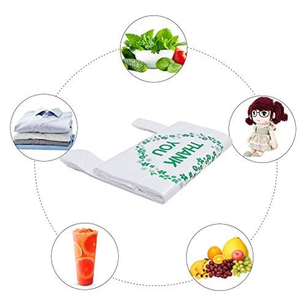 Folded white plastic bag with handles, green THANK YOU clover wreath print