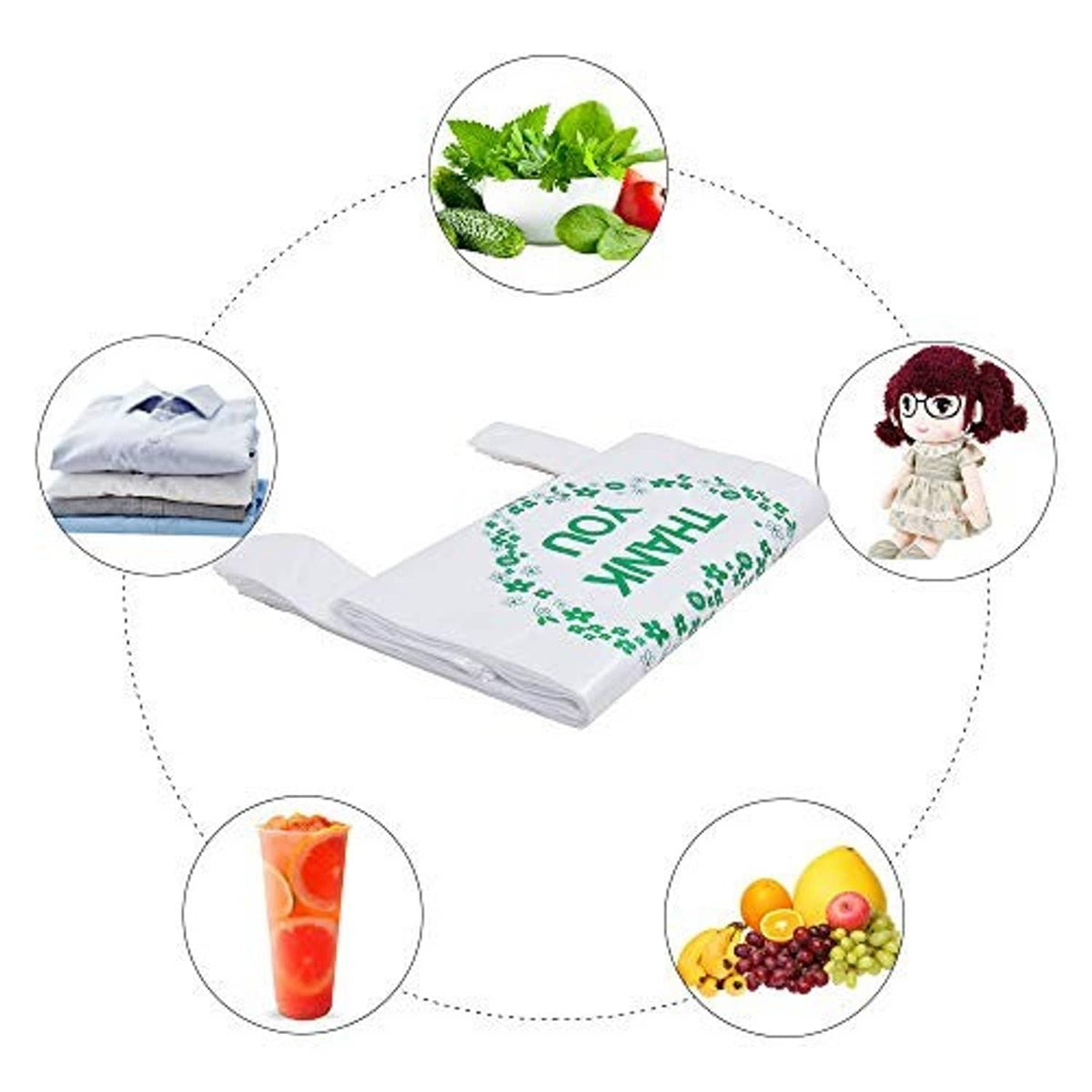 Folded white plastic bag with handles, green THANK YOU clover wreath print