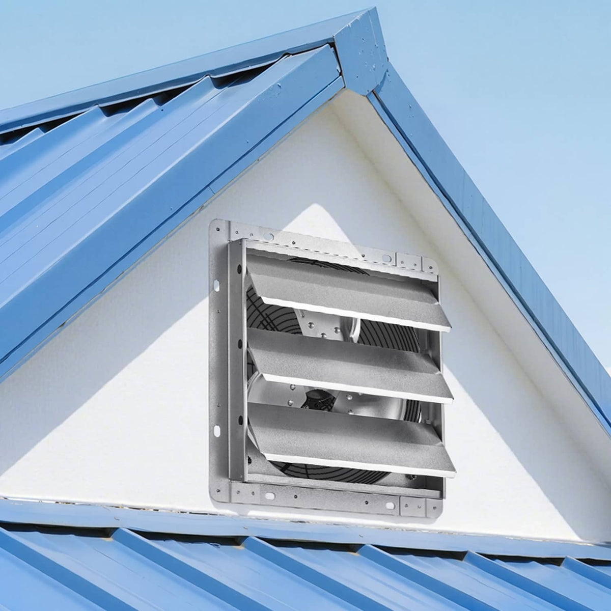 Roofline-mounted exhaust fan opening with louvered blades inside, silver frame