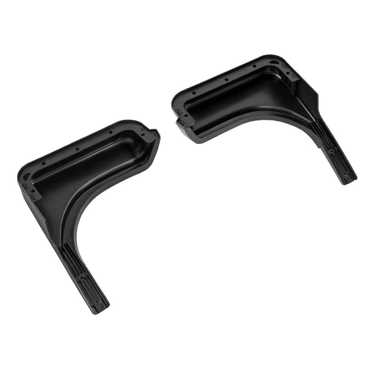 Backside view of black golf cart fender caps with recessed channels and posts