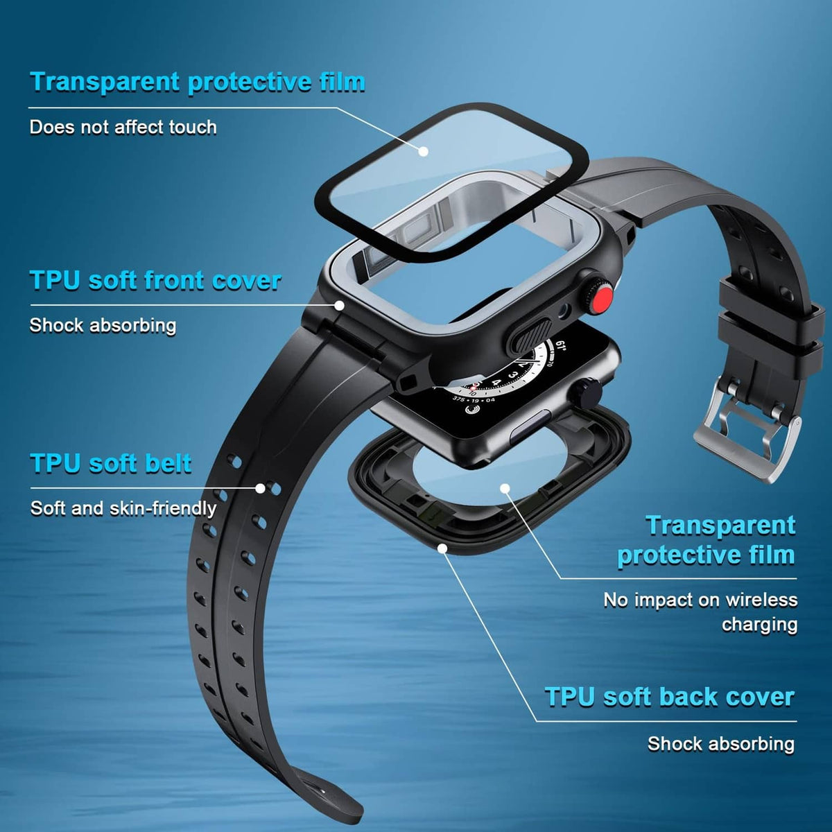 Rugged black watch case with transparent TPU front and back covers on silicone band