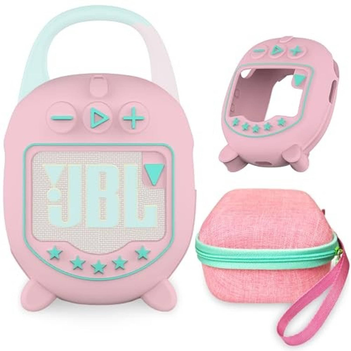 Pink speaker protective case with teal trim; matching hard shell and wrist strap, open window.