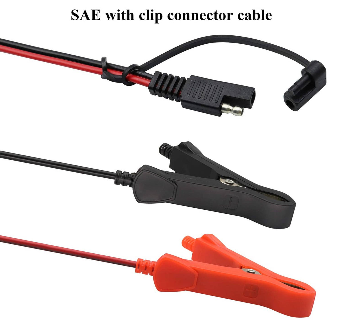 SAE battery extension cable with clip connectors and orange/black alligator battery clamps