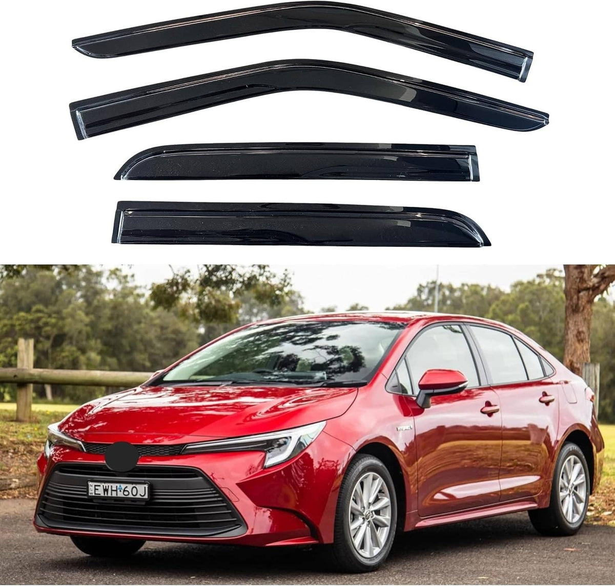 Tape-on window visor rain guards set with four glossy black pieces