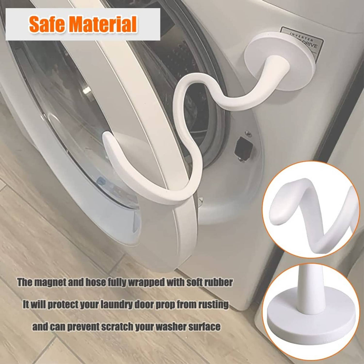 White washer door prop attached to front-load door with rubber-wrapped magnet base