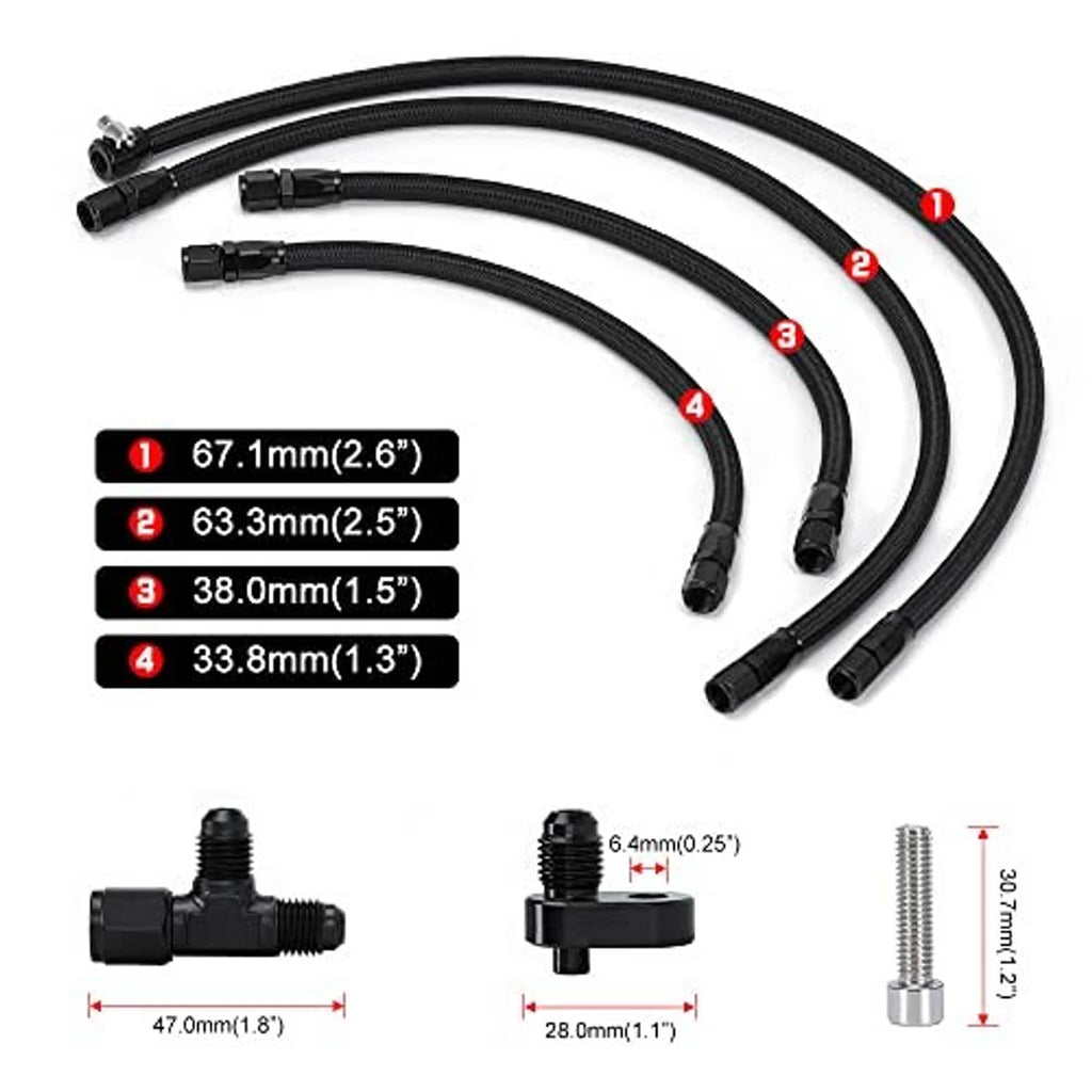 Black braided hose kit with AN connectors, fitting sizes, and threaded studs
