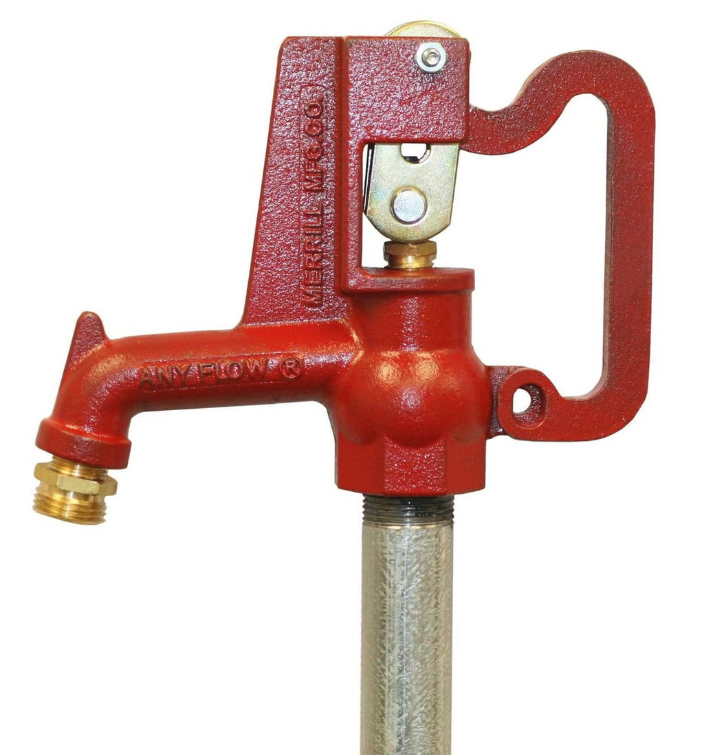 Red fire hydrant valve assembly with brass fitting, pivot arm, and valve stem