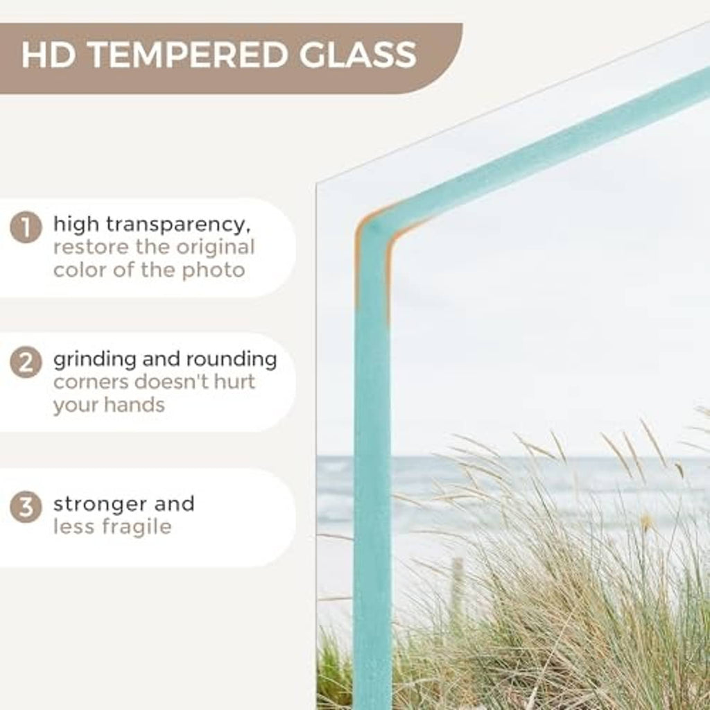 Square solid oak frame with turquoise-tinted glass edge and landscape photo.