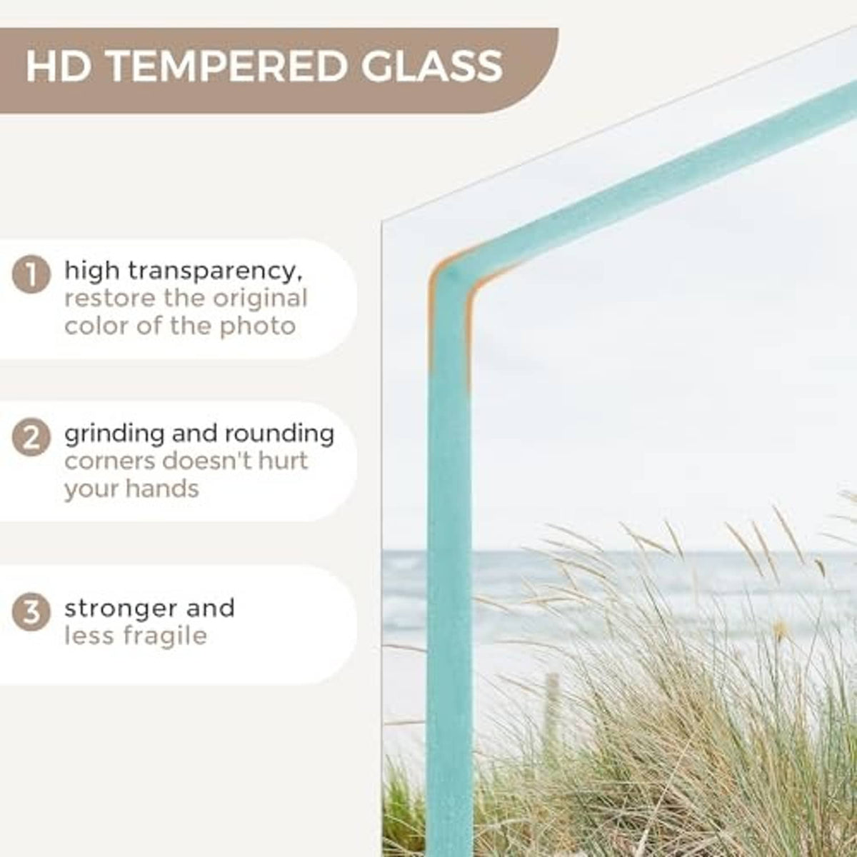Square solid oak frame with turquoise-tinted glass edge and landscape photo.