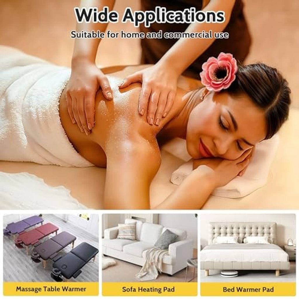 Massage heating pad for use on massage table, sofa, and bed with a client