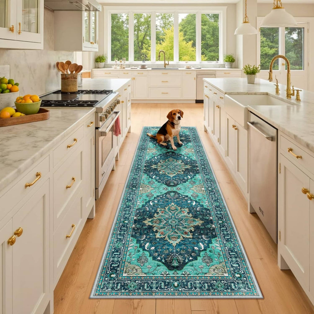 Teal patterned washable area rug runner with ornate medallion design