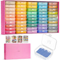 Diamond painting tray kit with transparent lidded containers, assorted colors inside a pink case
