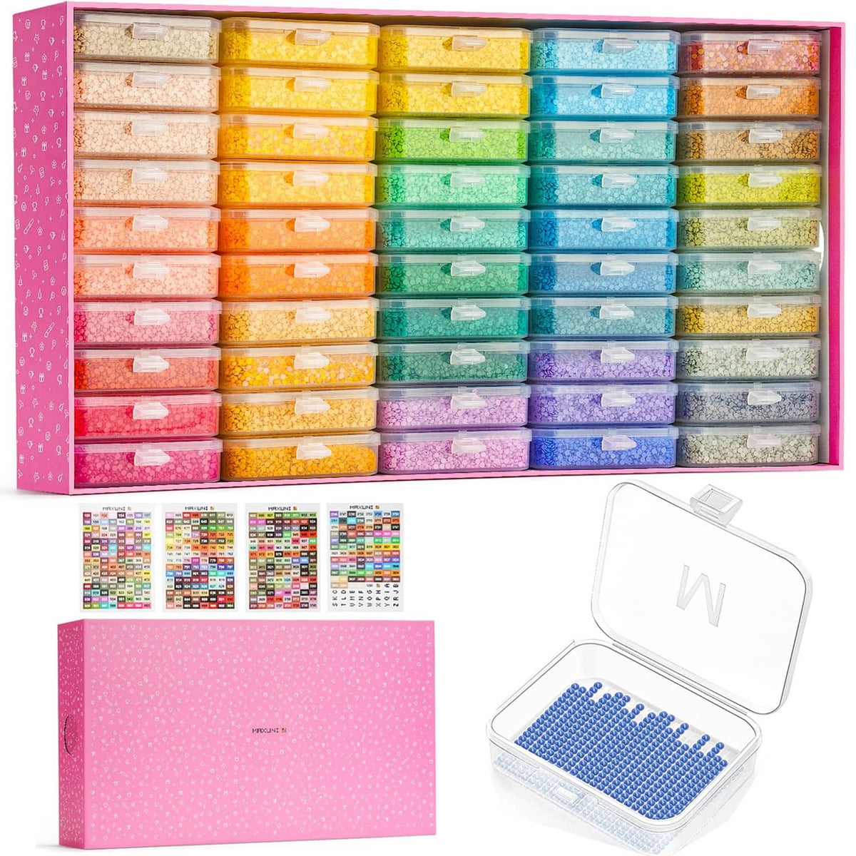 Diamond painting tray kit with transparent lidded containers, assorted colors inside a pink case