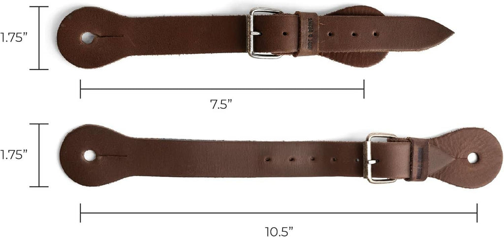 Brown leather spur straps set of 2 with metal buckles and length measurement marks