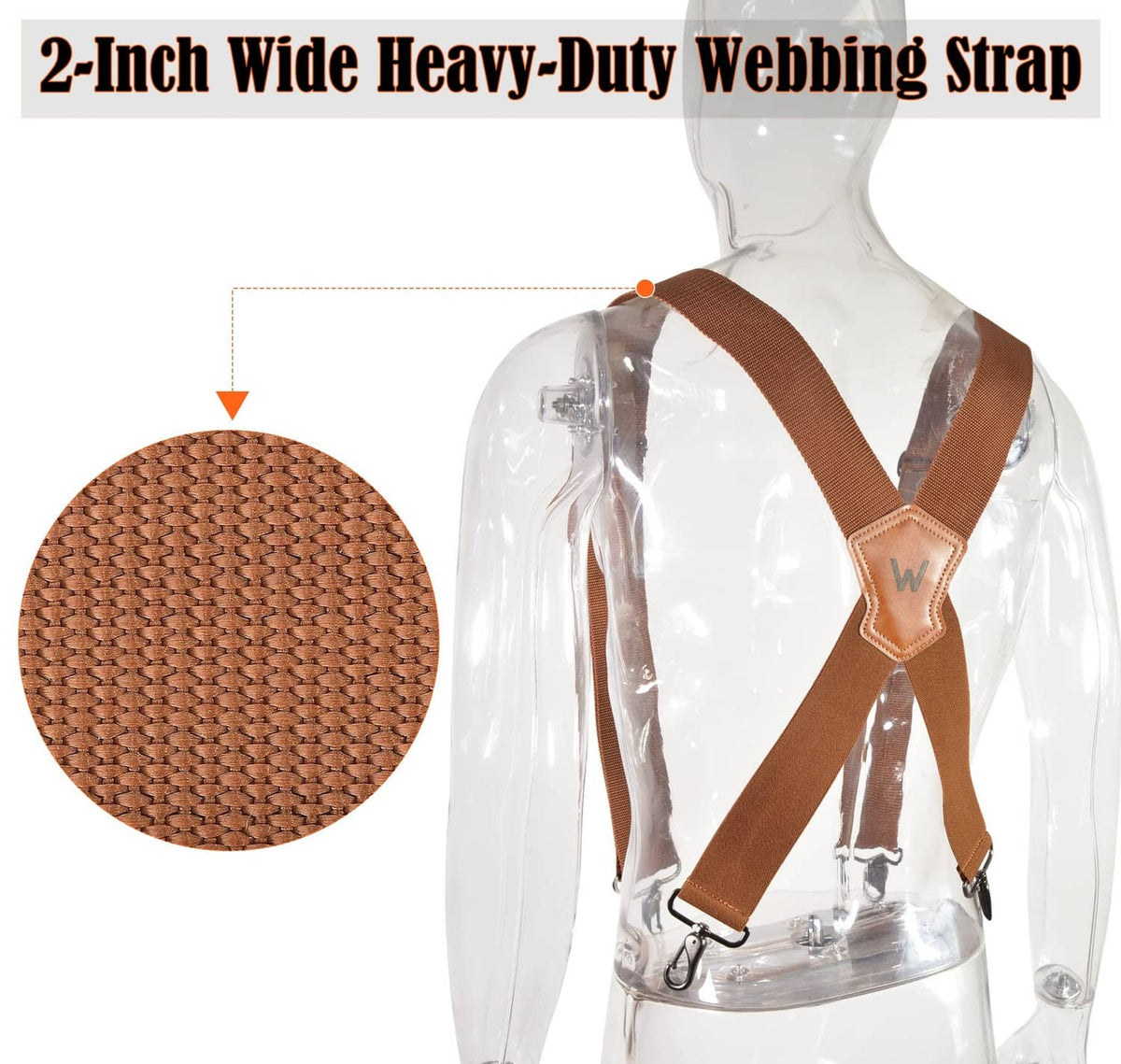 Brown wide heavy-duty webbing strap with X-back design and leather center pad