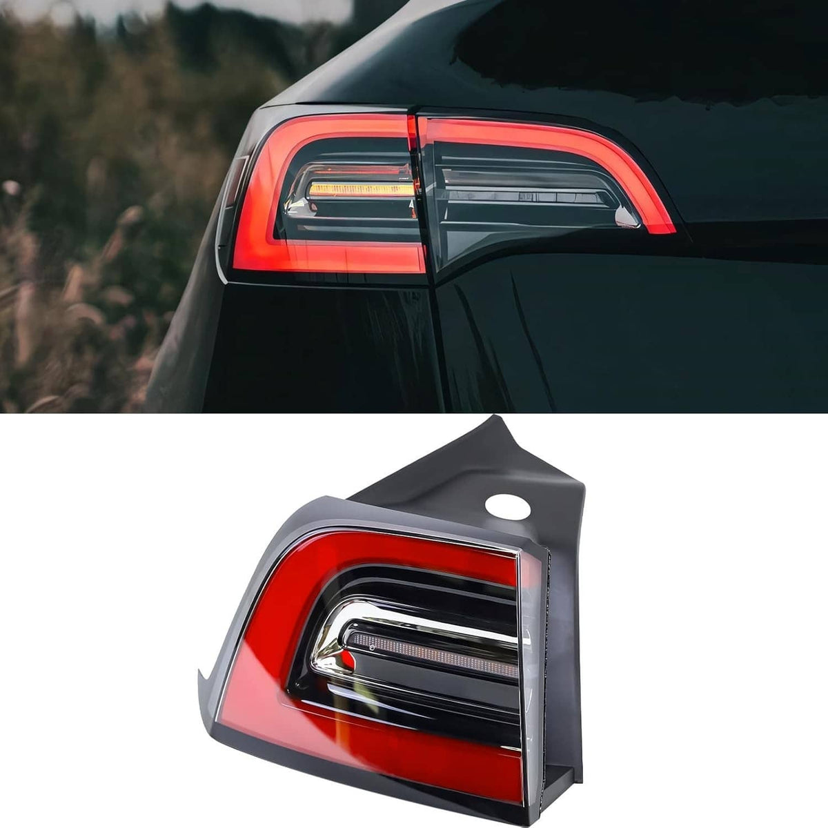 Rear driver-side LED tail light assembly with red lens and chrome inner trim.