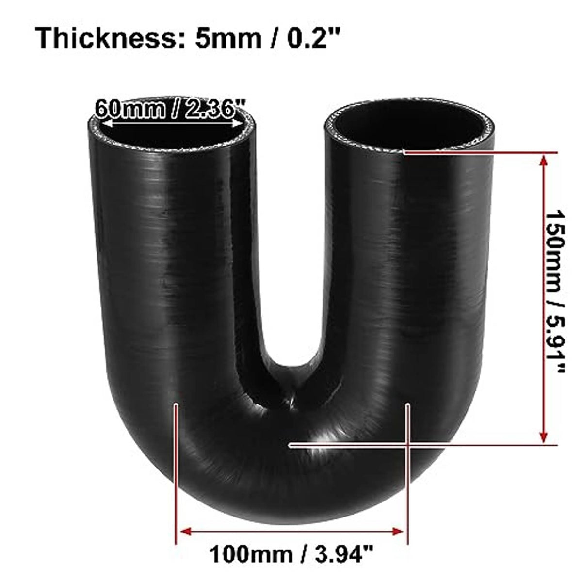 Black 180-degree silicone hose reducer: 60mm ID, 5mm thick, 100mm length.