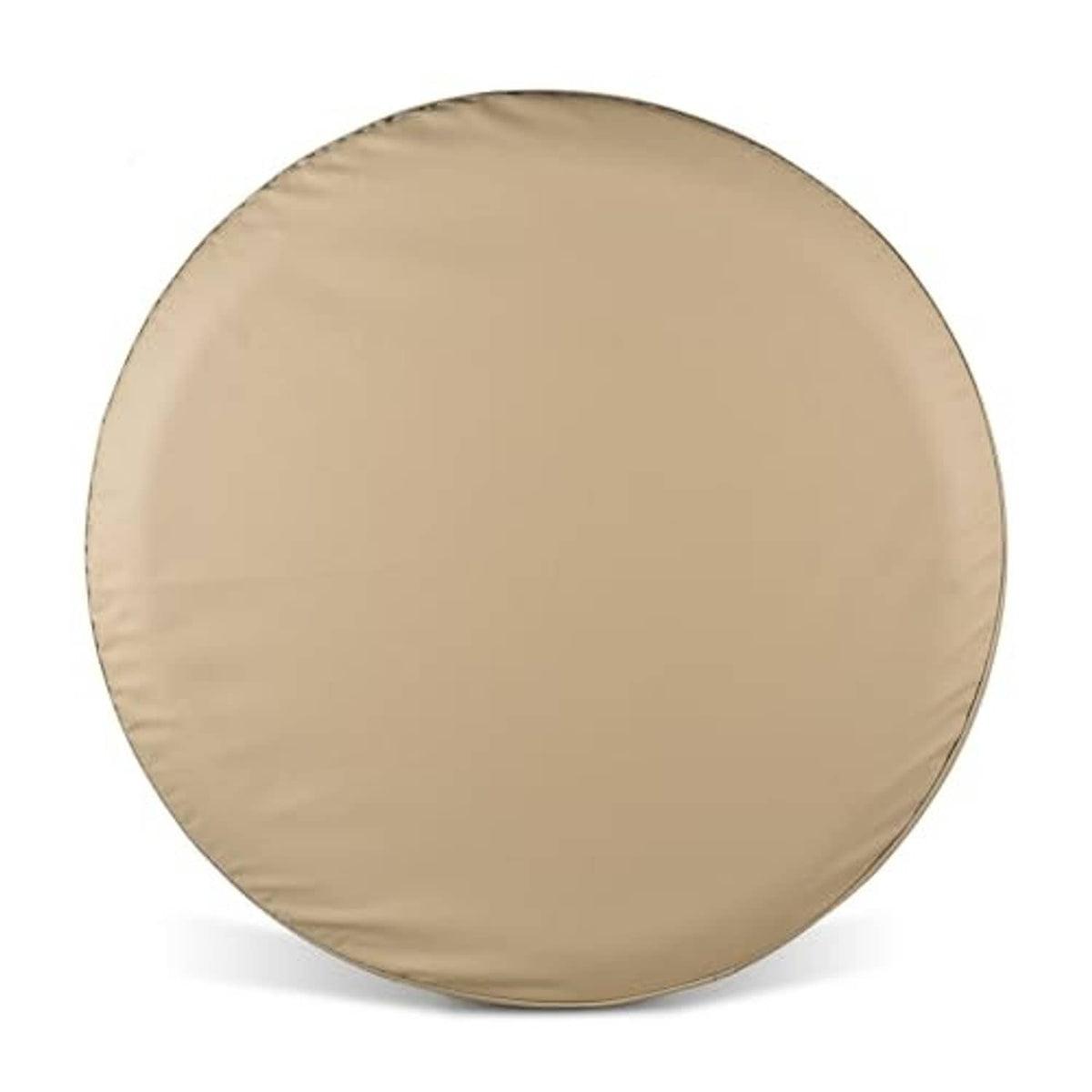 Beige spare tire cover with smooth round surface and stitched perimeter.