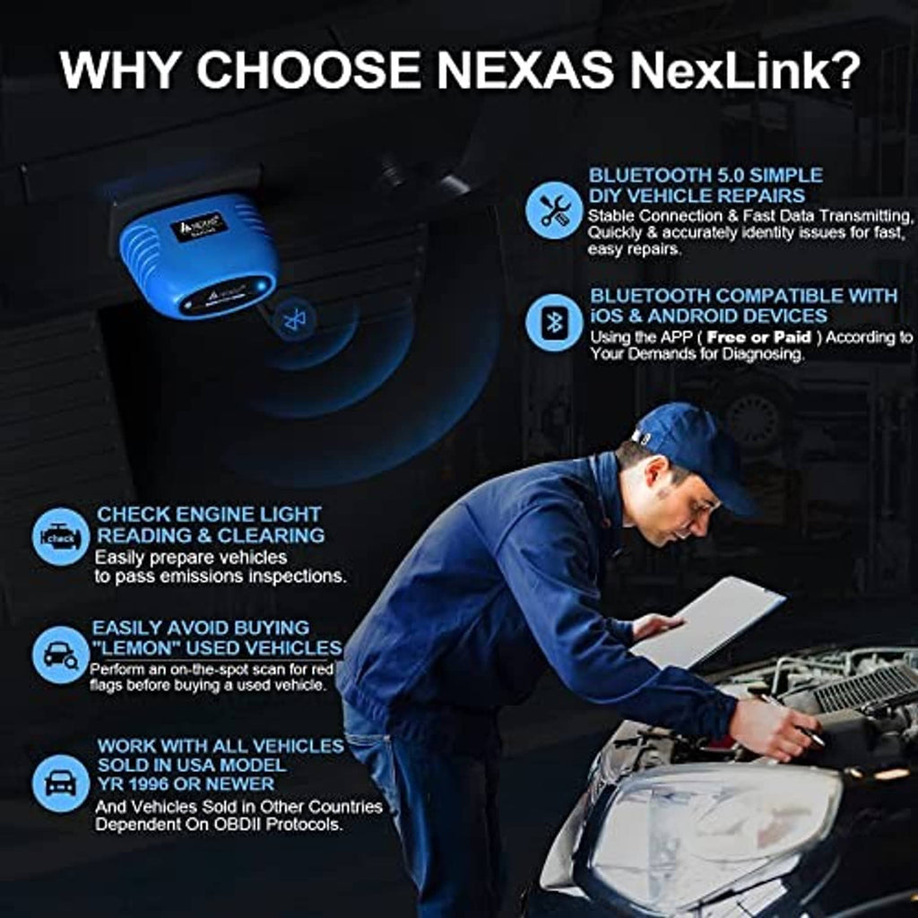 Blue Nexlink Bluetooth OBD2 scanner near mechanic checking an engine bay in graphic.