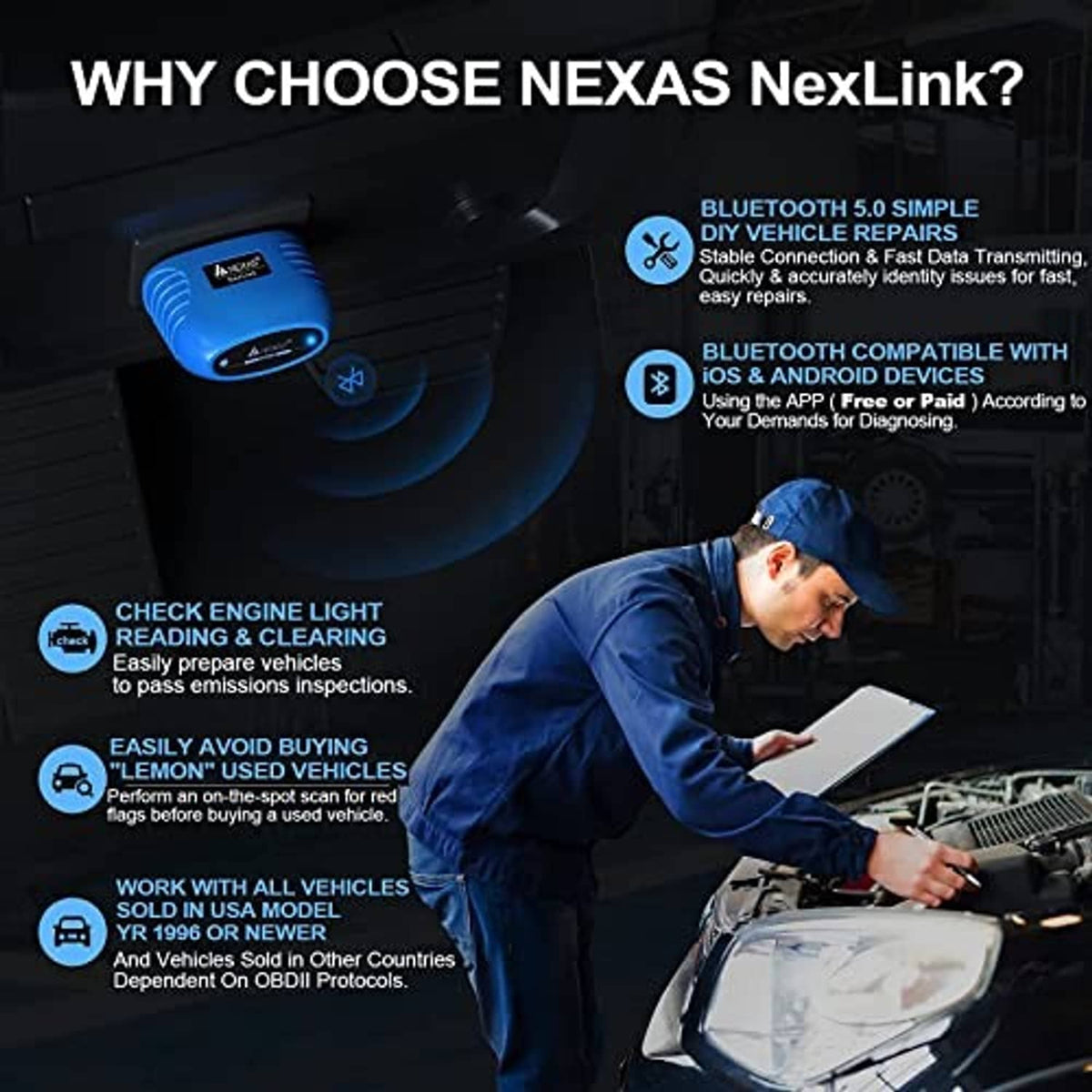 Blue Nexlink Bluetooth OBD2 scanner near mechanic checking an engine bay in graphic.
