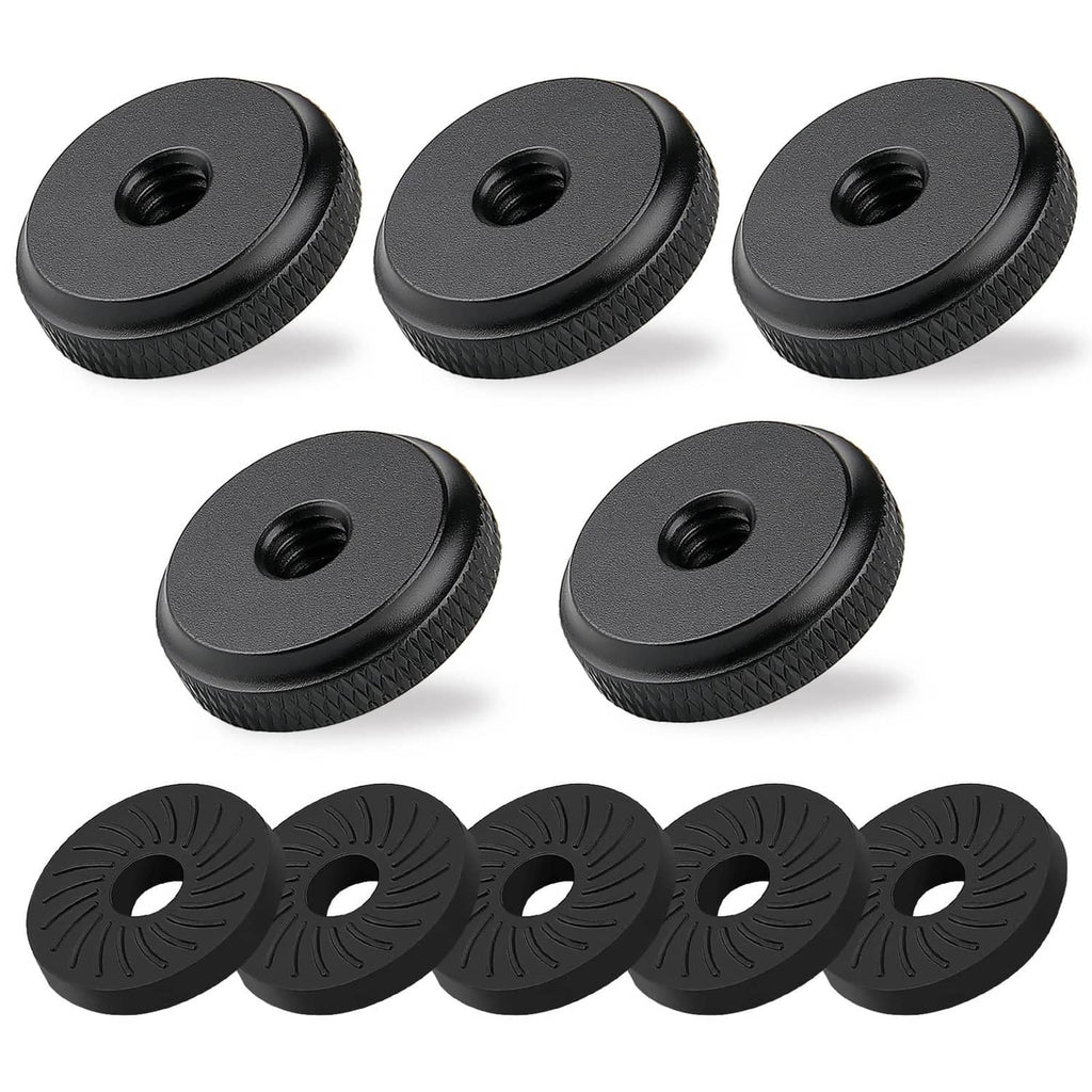 Black thumb wheel lock nuts and rubber pads with threaded center holes