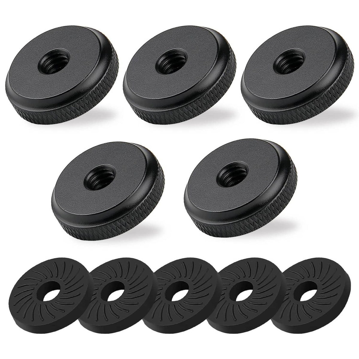 Black thumb wheel lock nuts and rubber pads with threaded center holes
