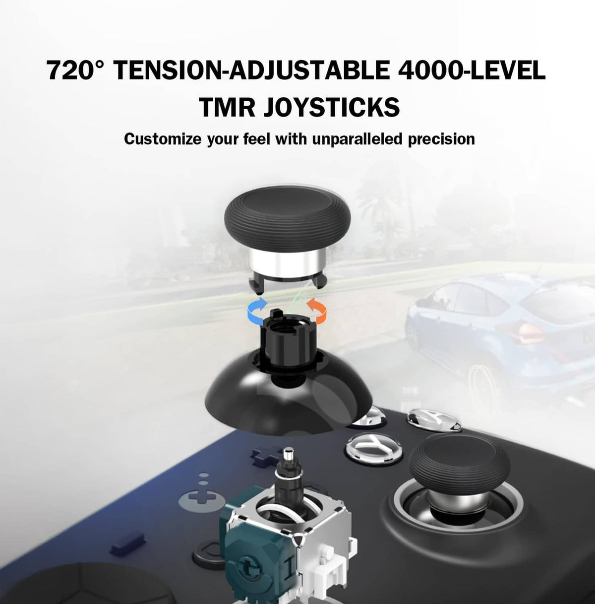 Adjustable joystick module with two thumbsticks on a black gaming controller